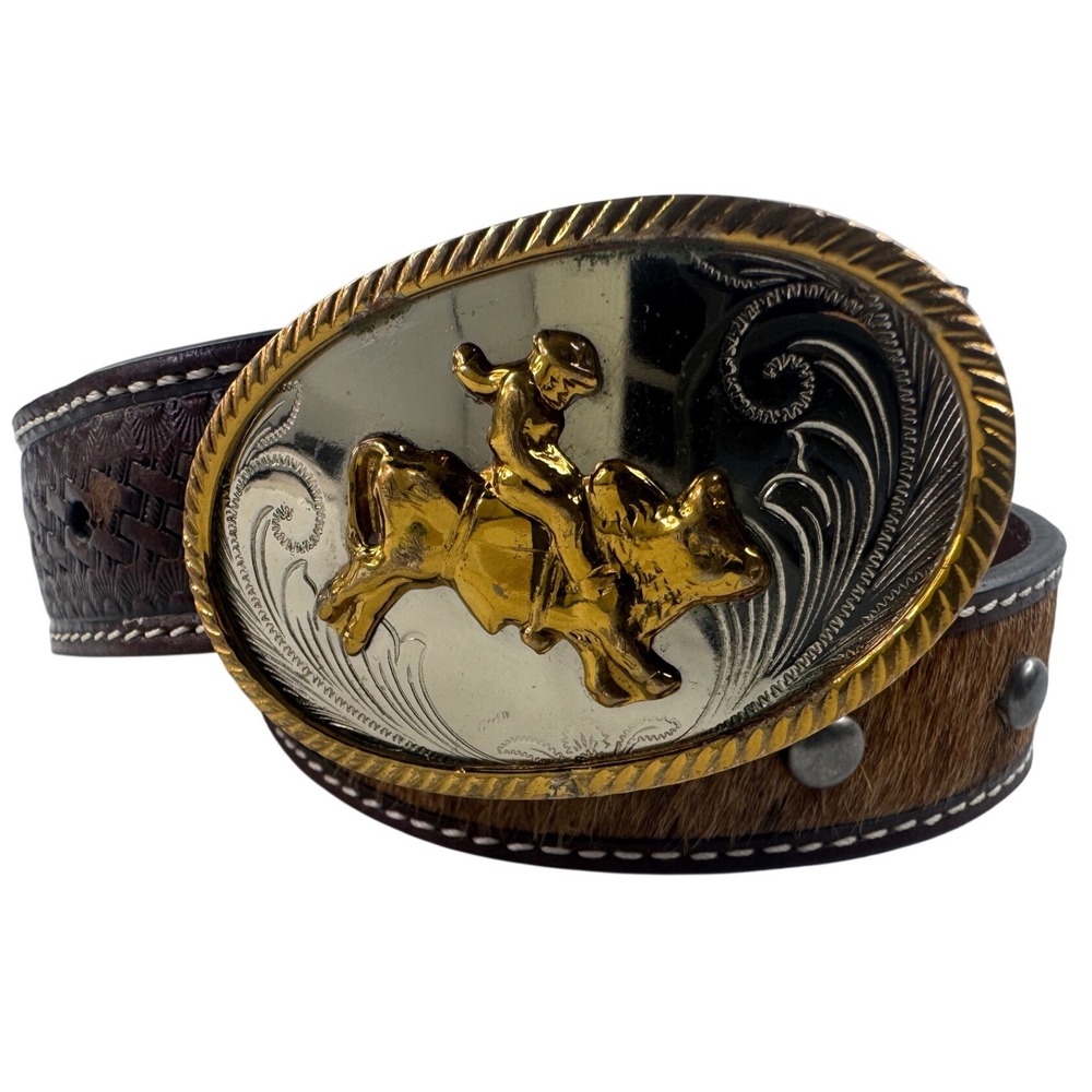 Ariat Mens Western Leather Belt Bull Rider Trophy Buckle Hair on Hide Brown 34